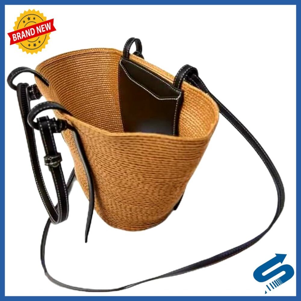 Straw Woven Tote Handbag Vegan Leather Straps Boho Beach Large Purse